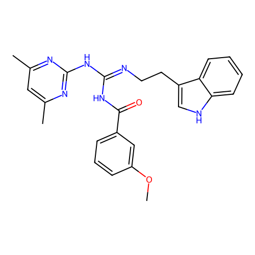 N-[(E)-[(4,6-dimethylpyrimidin-2-yl)amino]{[2-(1H-indol-3-yl)ethyl]amino}methylidene]-3-methoxybenzamide structure