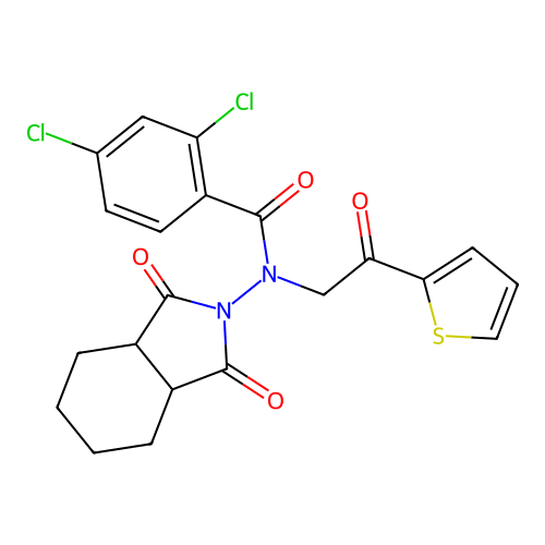 2,4-dichloro-N-(1,3-dioxo-3a,4,5,6,7,7a-hexahydroisoindol-2-yl)-N-(2-oxo-2-thiophen-2-ylethyl)benzamide structure