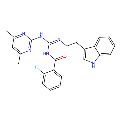N-[(E)-[(4,6-dimethylpyrimidin-2-yl)amino]{[2-(1H-indol-3-yl)ethyl]amino}methylidene]-2-fluorobenzamide structure