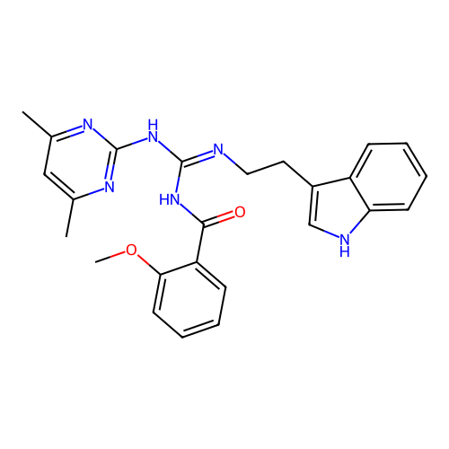 N-[(E)-[(4,6-dimethylpyrimidin-2-yl)amino]{[2-(1H-indol-3-yl)ethyl]amino}methylidene]-2-methoxybenzamide structure