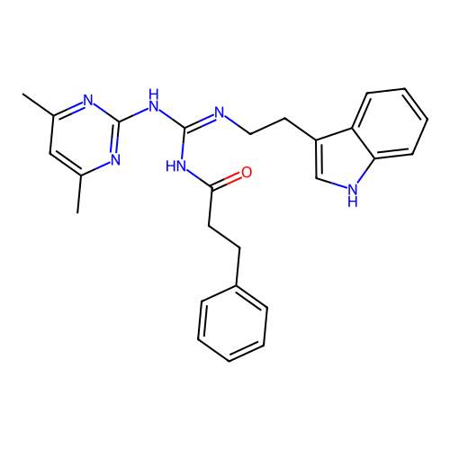 N-[(E)-[(4,6-dimethylpyrimidin-2-yl)amino]{[2-(1H-indol-3-yl)ethyl]amino}methylidene]-3-phenylpropanamide structure