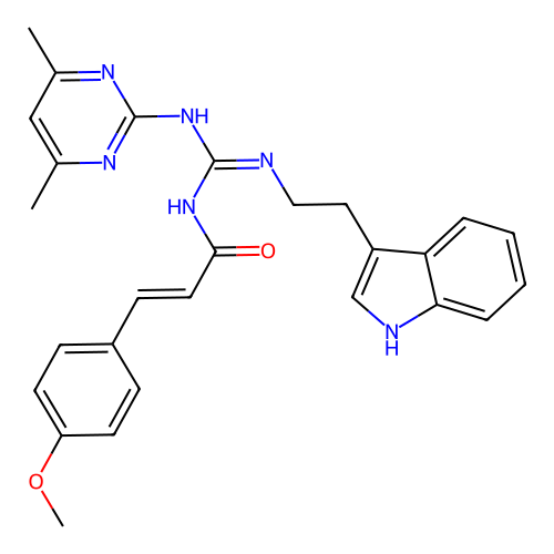 (2E)-N-[(E)-[(4,6-dimethylpyrimidin-2-yl)amino]{[2-(1H-indol-3-yl)ethyl]amino}methylidene]-3-(4-methoxyphenyl)prop-2-enamide structure