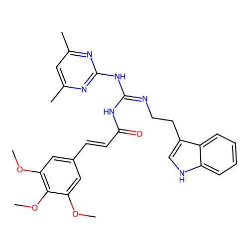(2E)-N-[(E)-[(4,6-dimethylpyrimidin-2-yl)amino]{[2-(1H-indol-3-yl)ethyl]amino}methylidene]-3-(3,4,5-trimethoxyphenyl)prop-2-enamide structure