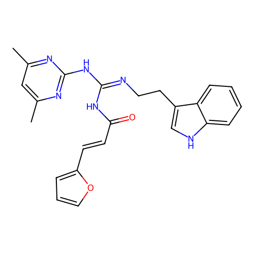 (2E)-N-[(E)-[(4,6-dimethylpyrimidin-2-yl)amino]{[2-(1H-indol-3-yl)ethyl]amino}methylidene]-3-(furan-2-yl)prop-2-enamide structure