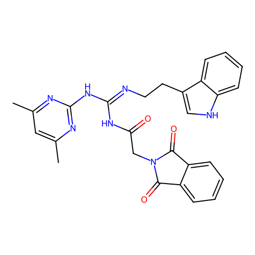 N-[(E)-[(4,6-dimethylpyrimidin-2-yl)amino]{[2-(1H-indol-3-yl)ethyl]amino}methylidene]-2-(1,3-dioxo-1,3-dihydro-2H-isoindol-2-yl)acetamide structure