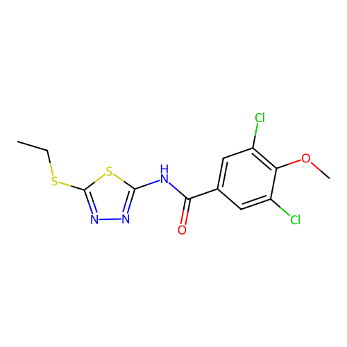 3,5-dichloro-N-[5-(ethylsulfanyl)-1,3,4-thiadiazol-2-yl]-4-methoxybenzamide structure