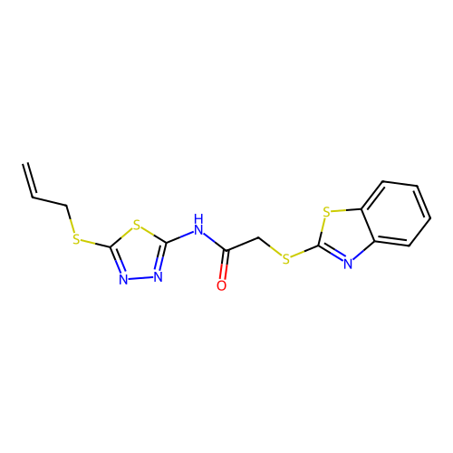 2-(1,3-benzothiazol-2-ylsulfanyl)-N-(5-prop-2-enylsulfanyl-1,3,4-thiadiazol-2-yl)acetamide structure