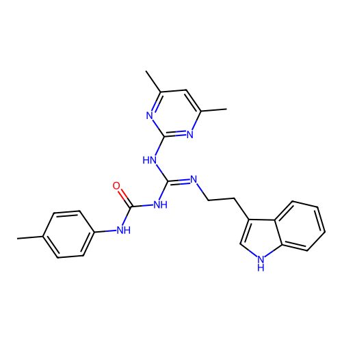 1-[(E)-[(4,6-dimethylpyrimidin-2-yl)amino]{[2-(1H-indol-3-yl)ethyl]amino}methylidene]-3-(4-methylphenyl)urea structure