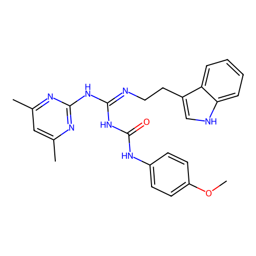 1-[(E)-[(4,6-dimethylpyrimidin-2-yl)amino]{[2-(1H-indol-3-yl)ethyl]amino}methylidene]-3-(4-methoxyphenyl)urea structure