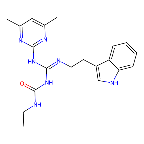 1-[(E)-[(4,6-dimethylpyrimidin-2-yl)amino]{[2-(1H-indol-3-yl)ethyl]amino}methylidene]-3-ethylurea structure