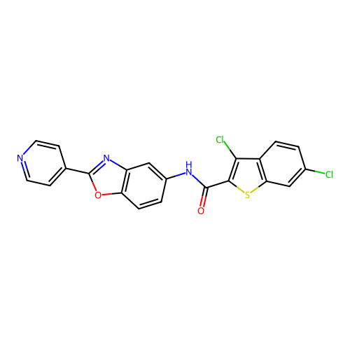 3,6-dichloro-N-(2-pyridin-4-yl-1,3-benzoxazol-5-yl)-1-benzothiophene-2-carboxamide structure