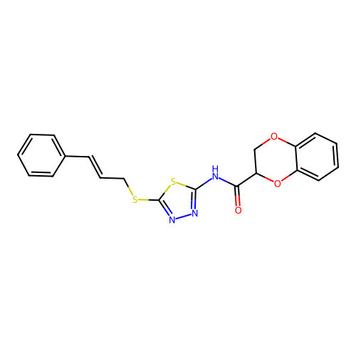 N-[5-[(E)-3-phenylprop-2-enyl]sulfanyl-1,3,4-thiadiazol-2-yl]-2,3-dihydro-1,4-benzodioxine-3-carboxamide structure
