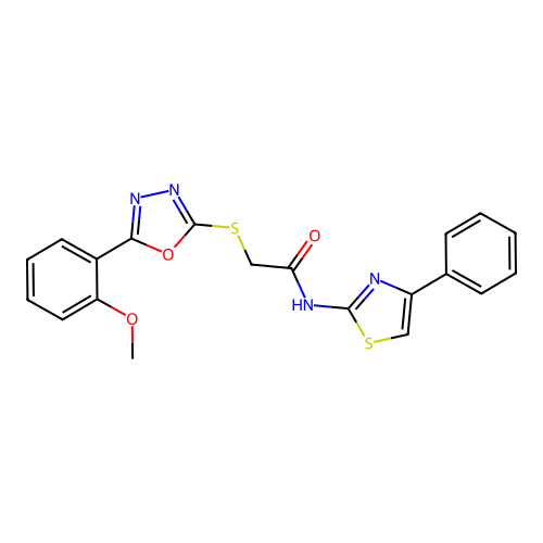 2-{[5-(2-methoxyphenyl)-1,3,4-oxadiazol-2-yl]sulfanyl}-N-(4-phenyl-1,3-thiazol-2-yl)acetamide structure