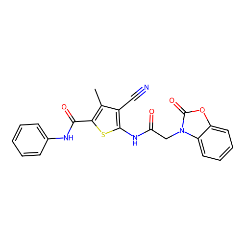 4-cyano-3-methyl-5-[[2-(2-oxo-1,3-benzoxazol-3-yl)acetyl]amino]-N-phenylthiophene-2-carboxamide structure
