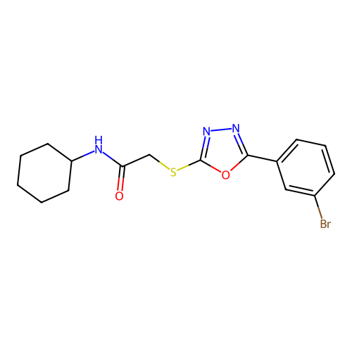 2-[[5-(3-bromophenyl)-1,3,4-oxadiazol-2-yl]sulfanyl]-N-cyclohexylacetamide structure