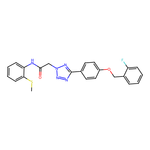 2-[5-[4-[(2-fluorophenyl)methoxy]phenyl]tetrazol-2-yl]-N-(2-methylsulfanylphenyl)acetamide structure