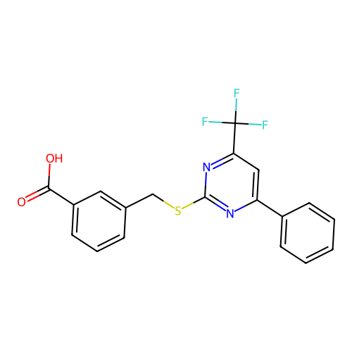 3-({[4-Phenyl-6-(trifluoromethyl)pyrimidin-2-yl]sulfanyl}methyl)benzoic acid structure