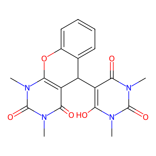 5-(6-hydroxy-1,3-dimethyl-2,4-dioxo-1,2,3,4-tetrahydropyrimidin-5-yl)-1,3-dimethyl-1,5-dihydro-2H-chromeno[2,3-d]pyrimidine-2,4(3H)-dione structure