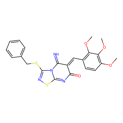 (6Z)-3-(benzylsulfanyl)-5-imino-6-(2,3,4-trimethoxybenzylidene)-5,6-dihydro-7H-[1,2,4]thiadiazolo[4,5-a]pyrimidin-7-one structure