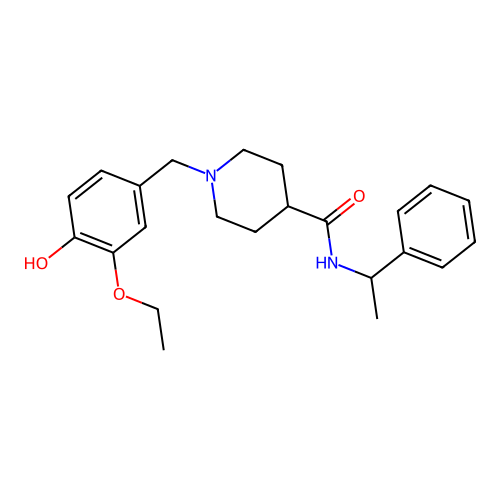 1-(3-ethoxy-4-hydroxybenzyl)-N-(1-phenylethyl)piperidine-4-carboxamide structure