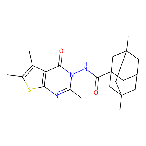 3,5-dimethyl-N-(2,5,6-trimethyl-4-oxothieno[2,3-d]pyrimidin-3-yl)adamantane-1-carboxamide structure