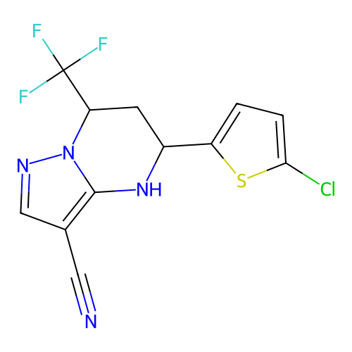 5-(5-chlorothiophen-2-yl)-7-(trifluoromethyl)-4,5,6,7-tetrahydropyrazolo[1,5-a]pyrimidine-3-carbonitrile structure