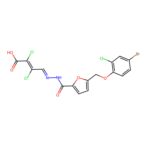 (2E,4E)-4-(2-(5-((4-bromo-2-chlorophenoxy)methyl)furan-2-carbonyl)hydrazono)-2,3-dichlorobut-2-enoic acid structure