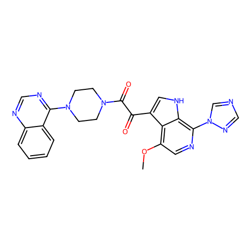 1-[4-methoxy-7-(1,2,4-triazol-1-yl)-1H-pyrrolo[2,3-c]pyridin-3-yl]-2-(4-quinazolin-4-ylpiperazin-1-yl)ethane-1,2-dione structure
