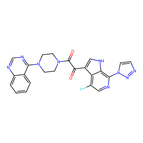 1-[4-fluoro-7-(triazol-1-yl)-1H-pyrrolo[2,3-c]pyridin-3-yl]-2-(4-quinazolin-4-ylpiperazin-1-yl)ethane-1,2-dione structure
