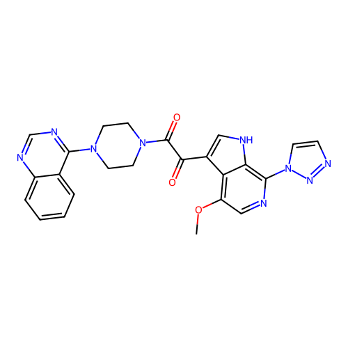 1-[4-methoxy-7-(triazol-1-yl)-1H-pyrrolo[2,3-c]pyridin-3-yl]-2-(4-quinazolin-4-ylpiperazin-1-yl)ethane-1,2-dione structure