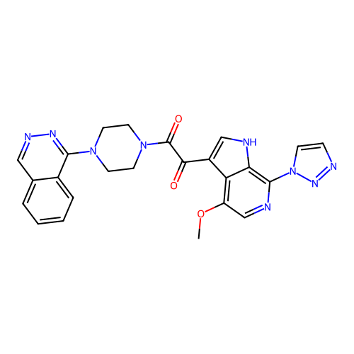 1-[4-methoxy-7-(triazol-1-yl)-1H-pyrrolo[2,3-c]pyridin-3-yl]-2-(4-phthalazin-1-ylpiperazin-1-yl)ethane-1,2-dione structure