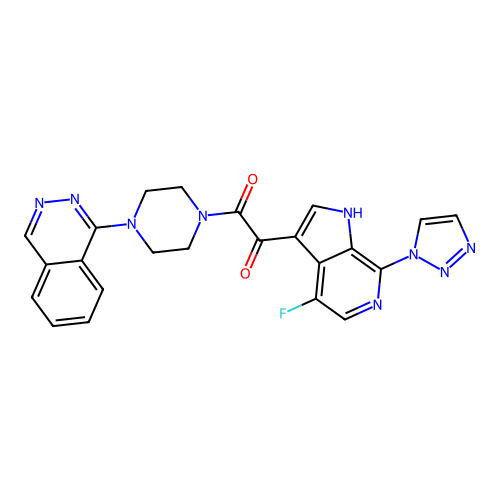 1-[4-fluoro-7-(triazol-1-yl)-1H-pyrrolo[2,3-c]pyridin-3-yl]-2-(4-phthalazin-1-ylpiperazin-1-yl)ethane-1,2-dione structure