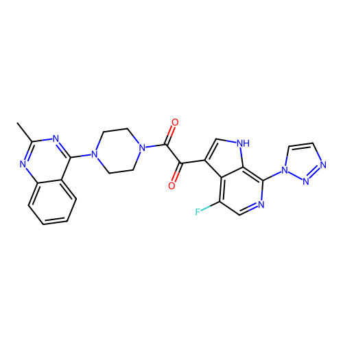 1-[4-fluoro-7-(triazol-1-yl)-1H-pyrrolo[2,3-c]pyridin-3-yl]-2-[4-(2-methylquinazolin-4-yl)piperazin-1-yl]ethane-1,2-dione structure