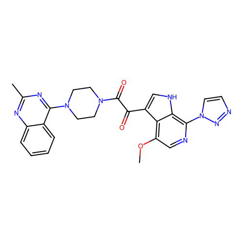 1-[4-methoxy-7-(triazol-1-yl)-1H-pyrrolo[2,3-c]pyridin-3-yl]-2-[4-(2-methylquinazolin-4-yl)piperazin-1-yl]ethane-1,2-dione structure
