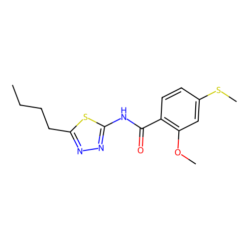 N-(5-butyl-1,3,4-thiadiazol-2-yl)-2-methoxy-4-methylsulfanylbenzamide structure