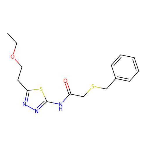 2-benzylsulfanyl-N-[5-(2-ethoxyethyl)-1,3,4-thiadiazol-2-yl]acetamide structure