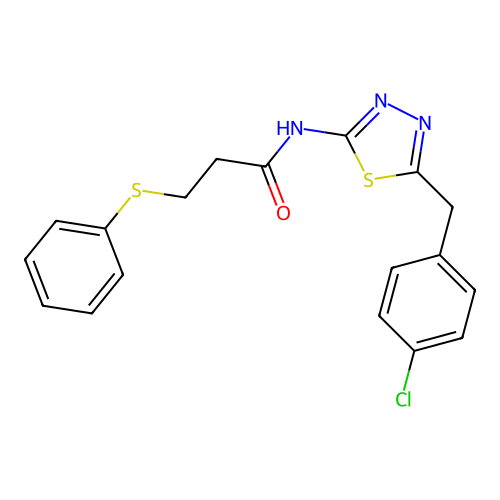 N-[5-[(4-chlorophenyl)methyl]-1,3,4-thiadiazol-2-yl]-3-phenylsulfanylpropanamide structure