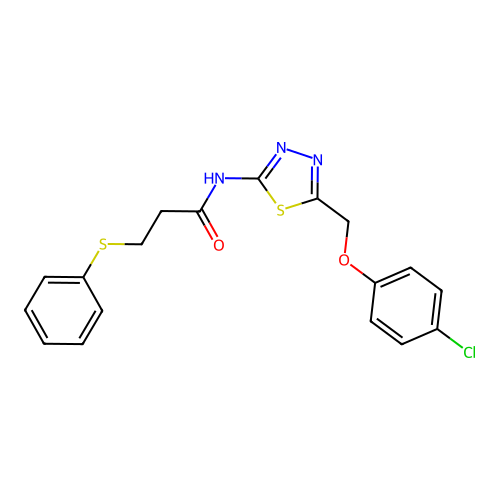 N-[5-[(4-chlorophenoxy)methyl]-1,3,4-thiadiazol-2-yl]-3-phenylsulfanylpropanamide structure