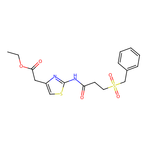 Ethyl (2-{[3-(benzylsulfonyl)propanoyl]amino}-1,3-thiazol-4-yl)acetate structure