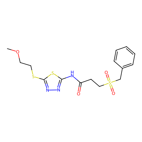 3-benzylsulfonyl-N-[5-(2-methoxyethylsulfanyl)-1,3,4-thiadiazol-2-yl]propanamide structure