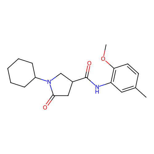 1-cyclohexyl-N-(2-methoxy-5-methylphenyl)-5-oxopyrrolidine-3-carboxamide structure