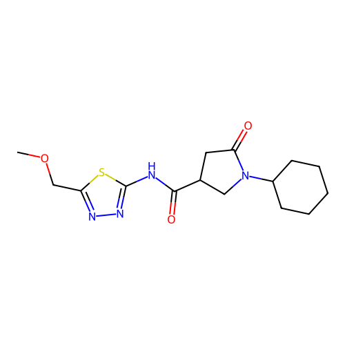 1-cyclohexyl-N-[5-(methoxymethyl)-1,3,4-thiadiazol-2-yl]-5-oxopyrrolidine-3-carboxamide structure