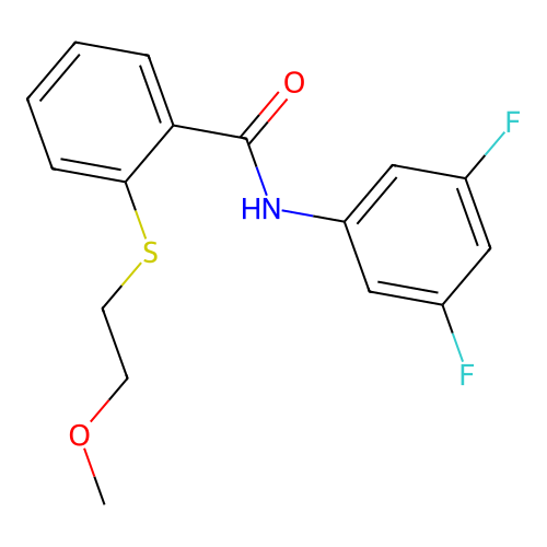 N-(3,5-difluorophenyl)-2-[(2-methoxyethyl)sulfanyl]benzamide structure