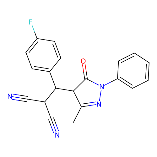 2-[(4-fluorophenyl)-(3-methyl-5-oxo-1-phenyl-4H-pyrazol-4-yl)methyl]propanedinitrile structure