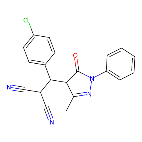 2-((4-chlorophenyl)(3-methyl-5-oxo-1-phenyl-4,5-dihydro-1H-pyrazol-4-yl)methyl)malononitrile structure