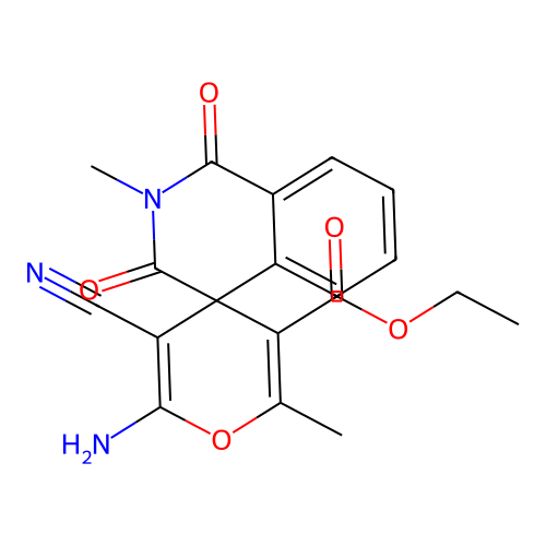 ethyl 6'-amino-5'-cyano-2,2'-dimethyl-1,3-dioxospiro[isoquinoline-4,4'-pyran]-3'-carboxylate structure