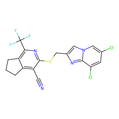3-[(6,8-dichloroimidazo[1,2-a]pyridin-2-yl)methylsulfanyl]-1-(trifluoromethyl)-6,7-dihydro-5H-cyclopenta[c]pyridine-4-carbonitrile structure