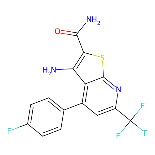 3-amino-4-(4-fluorophenyl)-6-(trifluoromethyl)thieno[2,3-b]pyridine-2-carboxamide structure
