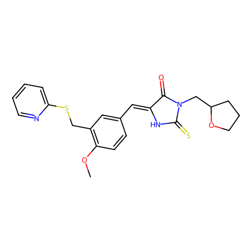 5-[[4-Methoxy-3-[(2-pyridinylthio)methyl]phenyl]methylene]-3-[(tetrahydro-2-furanyl)methyl]-2-thioxo-4-imidazolidinone structure