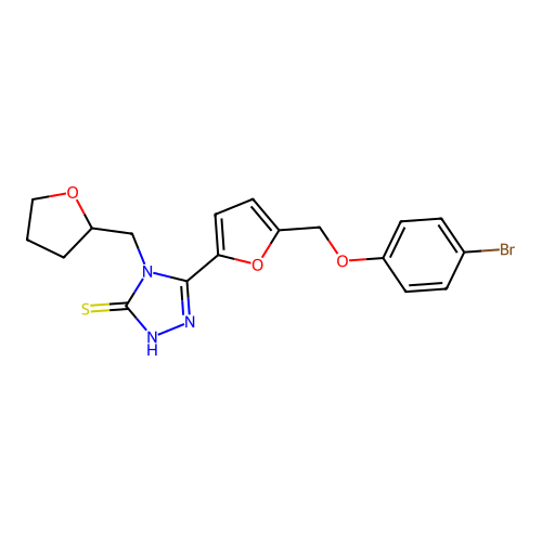3-[5-[(4-bromophenoxy)methyl]furan-2-yl]-4-(oxolan-2-ylmethyl)-1H-1,2,4-triazole-5-thione structure